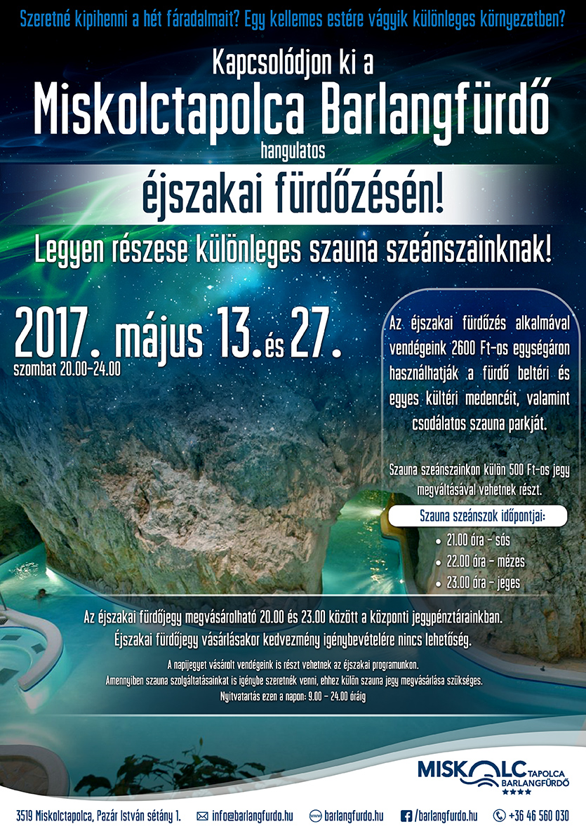 Májusban is éjszakai fürdőzések a Miskolctapolca Barlangfürdőben!
